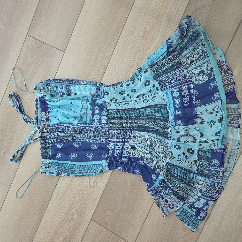 Blue Patchwork Halter Smocked Ruffled Mini Dress - image 4